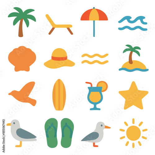 Tropical Summer Icons: A vibrant collection of icons embodies the essence of a tropical summer escape, capturing the cheerful spirit of leisure, adventure, and the bliss of seaside relaxation.