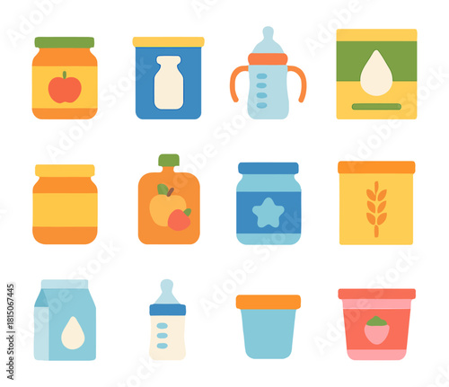 Nourishment Icons: A vibrant collection of baby food and essential items are arranged, evoking the essence of early childhood nourishment.
