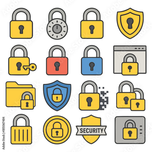 Digital Security Collection: A comprehensive collection of padlock icons and shield emblems symbolizing the digital protection, data privacy and cybersecurity measures.
