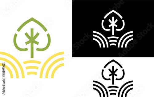 Modern Linden Tree Logo Design, Minimal Line Art Leaf Symbol with Geometric Field Waves for Eco Brand, Agriculture, Wellness, and Organic Product Identity