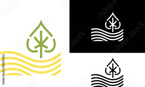 Abstract Linden Leaf and Field Logo, Modern Linear Eco Tree Symbol, Minimal Geometric Vector Emblem for Organic Farm, Natural Products, or Sustainable Brand Identity