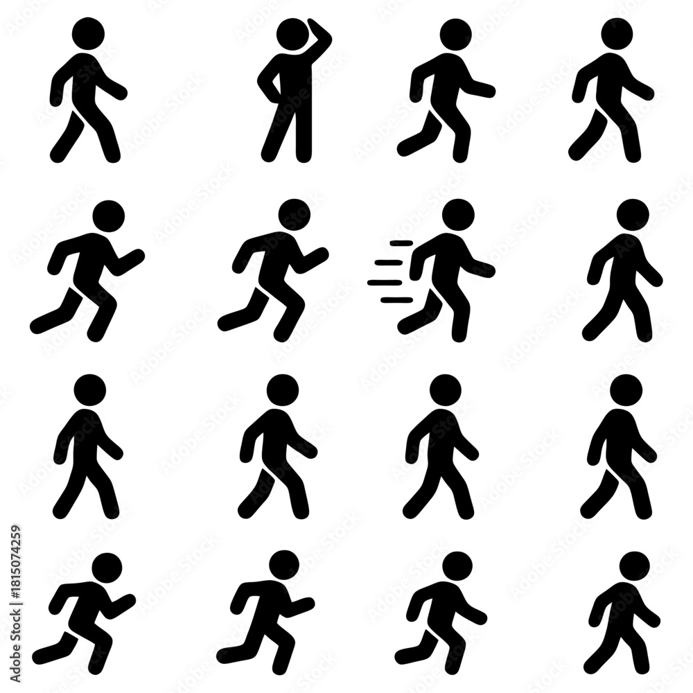 Naklejka premium Movement Sequence in Graphic Design: A meticulously crafted collection of minimalist stick figures illustrating a spectrum of actions. Featuring people from walking to running