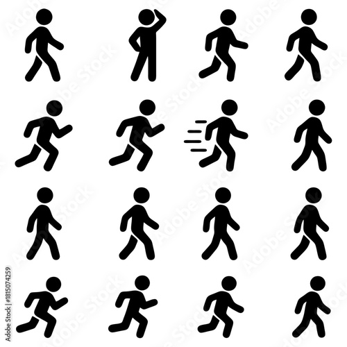 Movement Sequence in Graphic Design: A meticulously crafted collection of minimalist stick figures illustrating a spectrum of actions. Featuring people from walking to running