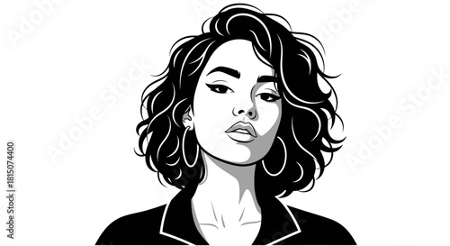 Elegant woman with curly hair and stylish earrings looking directly at the viewer.