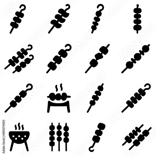 Grilled Skewer Variations: Collection of isolated barbecue skewer icons showing the variety of grilled ingredients for barbeque.