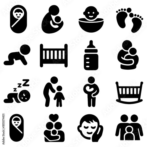 Family and Baby Icon Set: A comprehensive collection of iconic illustrations capturing the essence of family life, encompassing babies, mothers, fathers, and nurturing relationships.