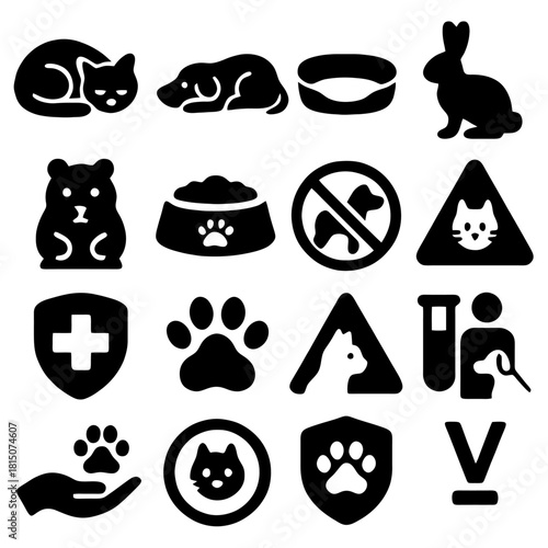 Icons of Pet Essentials: A collection of meticulously designed icons showcases essential elements for pet care and welfare, highlighting services and products for animal well-being