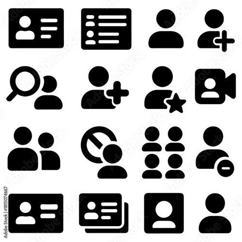 Icons of Connection: A collection of concise, graphical representations depicting people, profiles, interactions, and administrative functions.
