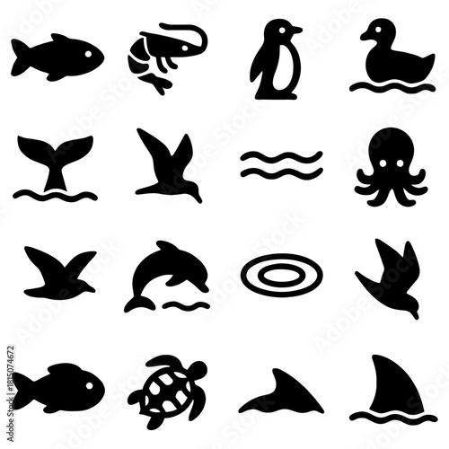 Marine Life Icons: A visually striking collection of marine life icons, designed with bold simplicity and a focus on essential form. Perfect for use in design, information graphics.
