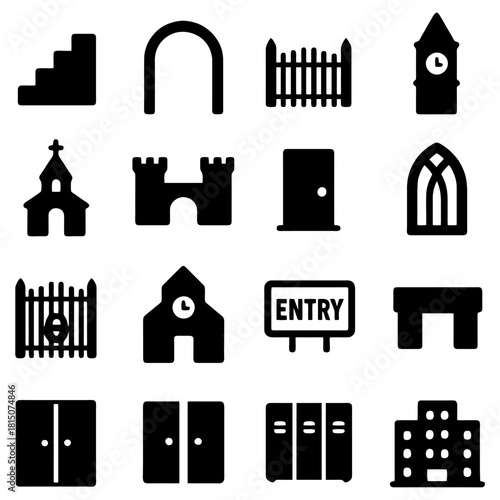 Architectural Icons: A diverse collection of architectural icons, each meticulously crafted and showcasing a range of building forms, from stairways to churches, gates to archways.
