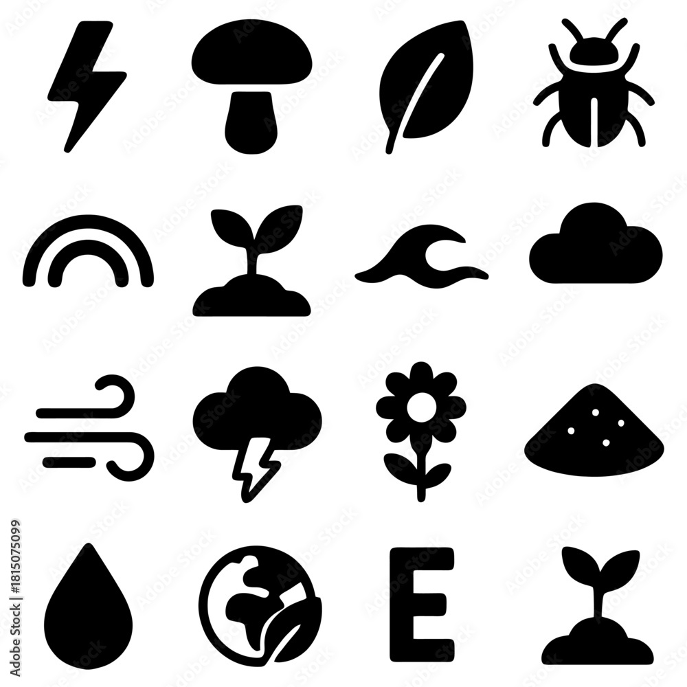 Naklejka premium Environmental Icons: A curated collection of symbols representing the core elements of the natural world, including plants, water, air, and energy, is depicted in a simple, elegant style.
