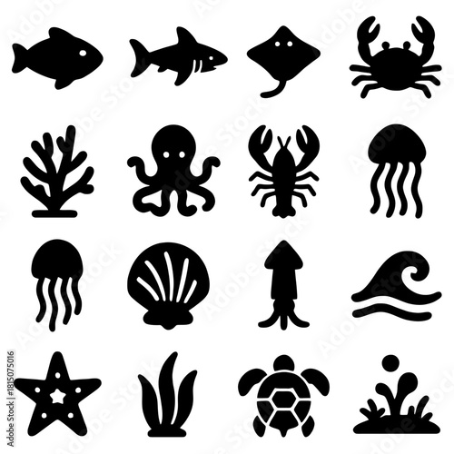 Oceanic Essence: A mesmerizing collection of monochrome aquatic creatures and marine elements, inviting exploration of the underwater universe and the diversity of its inhabitants.