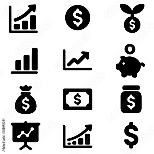 Financial Icons: A collection of various financial icons that symbolizes the concept of growth, wealth, and saving for financial matters.