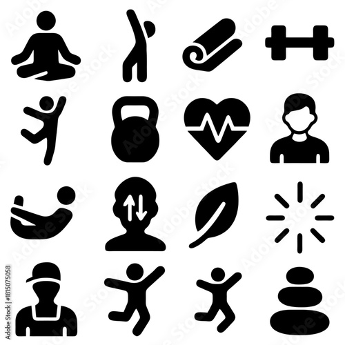 Fitness and Wellness Icon Set: A collection of concise icons illustrating the essential elements of fitness, health, and well-being, suitable for various design applications.