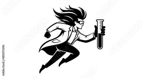 Dynamic Scientist Running with Test Tube in Hand.