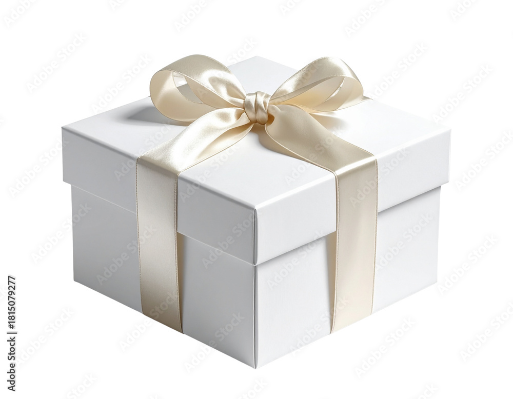 Obraz premium Elegant White Gift Box with Cream Satin Ribbon and Bow – Luxury Celebration PNG