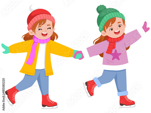 Illustration of Girls Playing Ice Skating Together