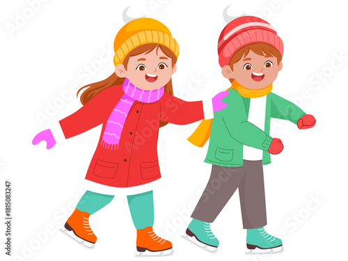 Illustration of Children Playing Ice Skating Together