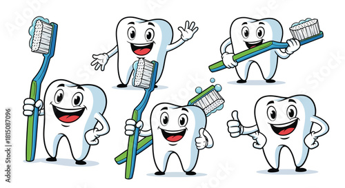 A collection of funny dental character mascots holding toothbrushes for an oral hygiene concept, isolated vector set