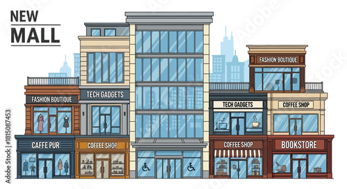 New Mall Facades Modern Commercial Building Fronts with Shop Signage