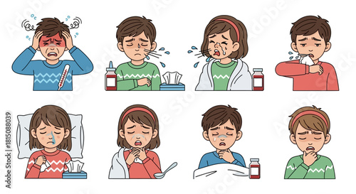 Sick children suffering from various cold and flu symptoms illustration set
