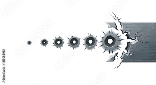 Graphic depicting a progression of bullet holes shattering a metallic surface, creating an impactful visual