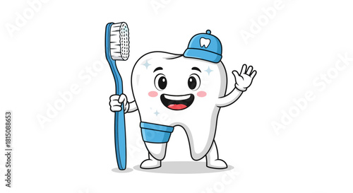 Happy cartoon tooth with a toothbrush, promoting dental hygiene and oral care for children and adults