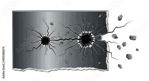 Graphic illustration of bullet impact damage on a metallic surface, showcasing two deep holes with radiating cracks and flying debris
