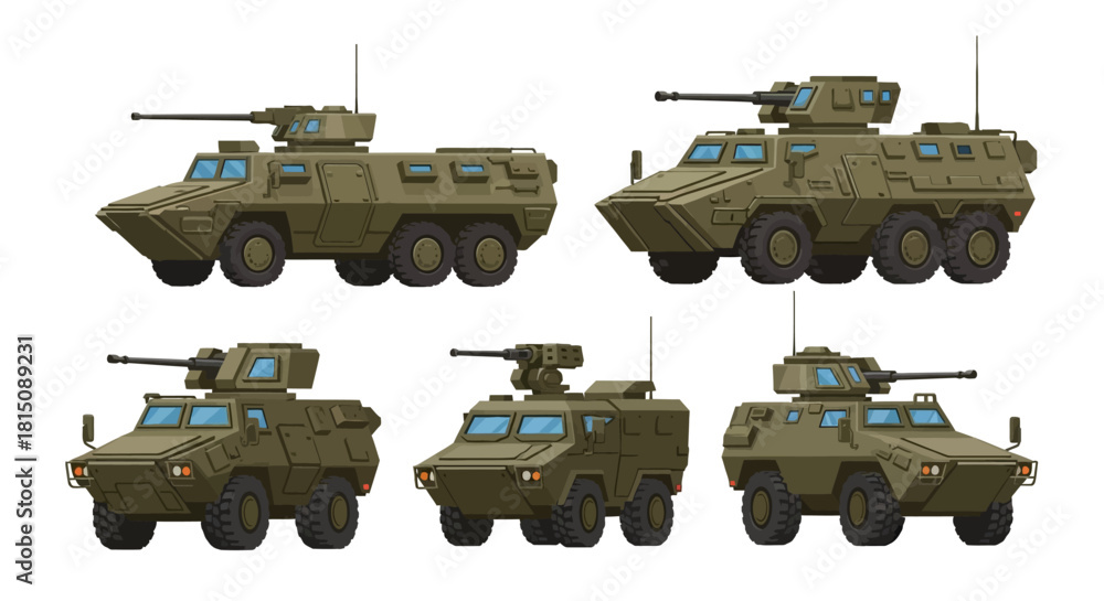 Obraz premium Collection of light armored military vehicles with turrets, designed for combat and transport