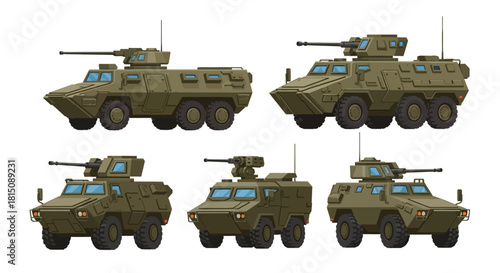 Collection of light armored military vehicles with turrets, designed for combat and transport