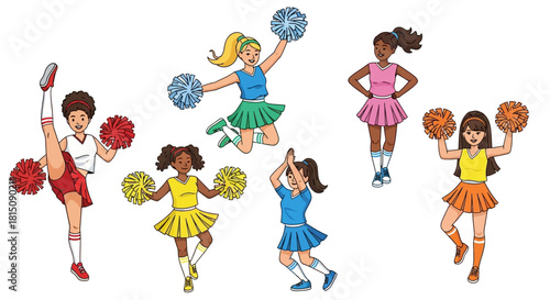 Set of cartoon cheerleader girls with pom-poms in various dynamic poses showing team spirit and diversity