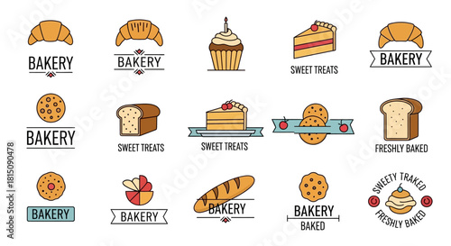 Vector collection of modern bakery and patisserie logo icons, showcasing croissant, cupcake, and cookie illustrations