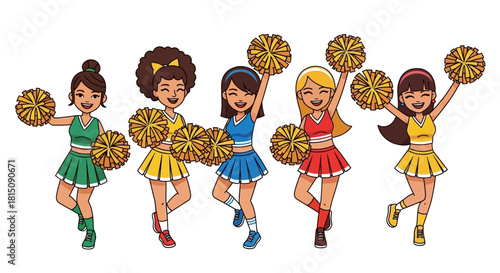 Group of Diverse and Energetic Young Cheerleaders with Pom-Poms, Animated Style