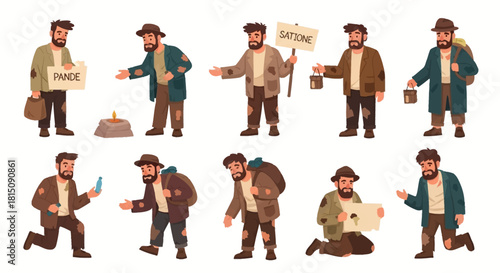 Diverse collection of illustrated homeless men, some begging and holding signs, portraying urban poverty, societal neglect, and the struggle for survival
