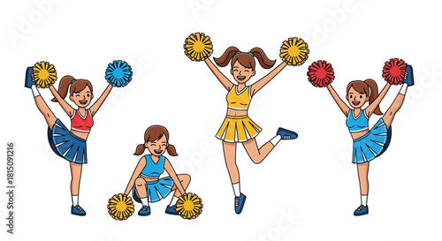 Cheerleaders Performing Active Group of Cheerleaders in Uniforms with Pom-Poms, Celebrating Victory