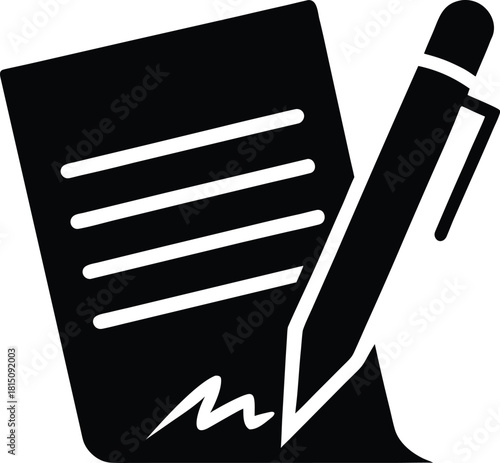 Black contract signature icon representing agreement and approval isolated on transparent background