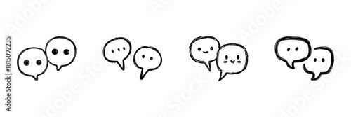 Speech Bubble Characters Line Icon Set In Doodle Style. Communication, Conversation, And Social Interaction Outline Sketch. Expressive Faces And Dialogue. Hand Drawn Isolated Vector Illustration