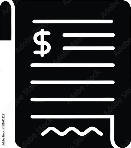 Black receipt bill payment icon representing financial transaction and money isolated on transparent background