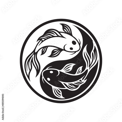 Black and white yin yang symbol with two stylized fish in a circular design