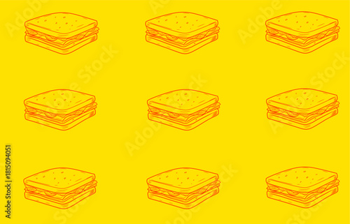  Simple sandwich doodle pattern on a bright yellow background, great for food branding, packaging, wrapping paper, and fun decorative visuals.