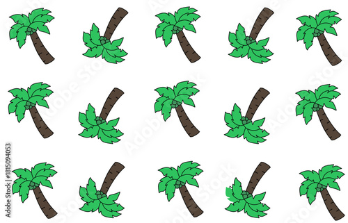 Seamless tropical coconut tree pattern with simple doodle style, perfect for summer themes, beach designs, fabrics, and decorative backgrounds.