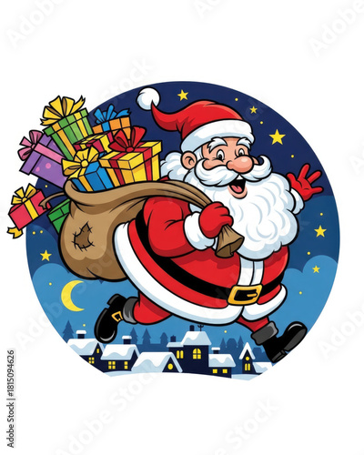 Vector Santa Claus delivering gifts with exaggerated cartoon proportions.
