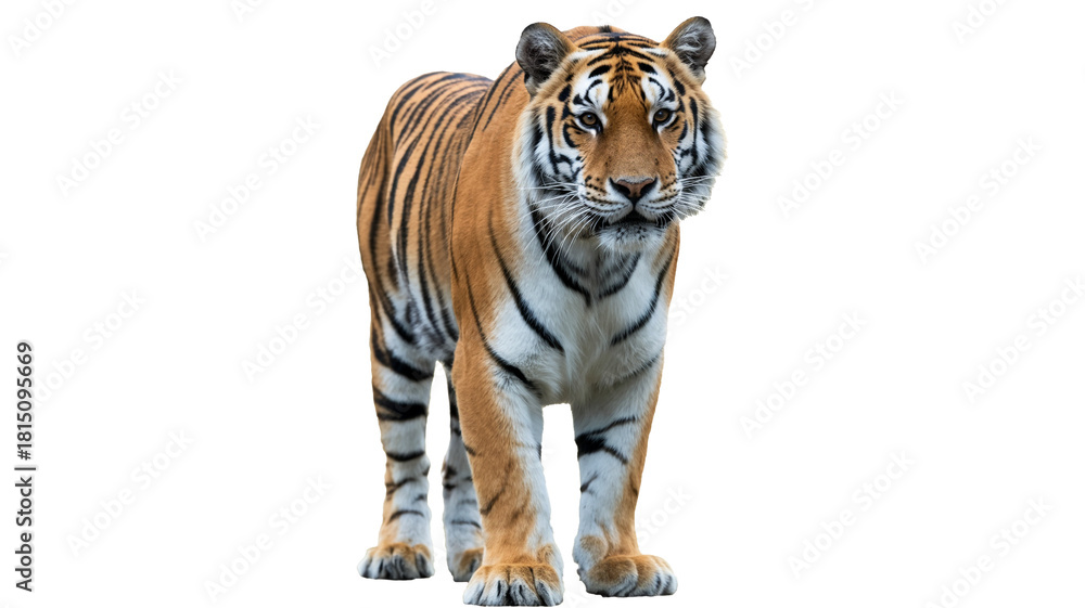 Obraz premium Majestic tiger standing proudly isolated on transparent background, showing strength and beauty, perfect for wildlife and conservation projects