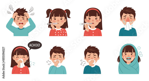 Collection of cute sick children characters showing symptoms of cold and flu like fever, coughing, and headache