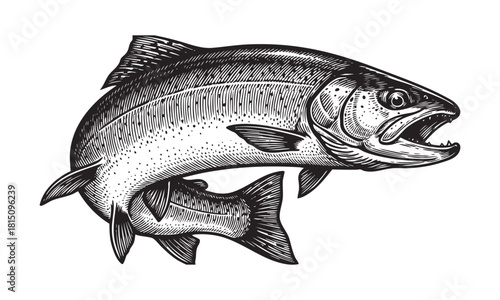 Vintage engraved illustration of a salmon fish, swimming