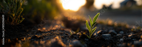 A green shoot emerges from the ground at sunset. The background is completely out of focus