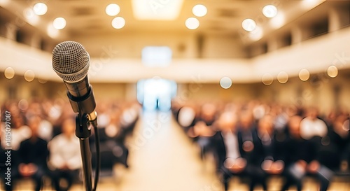 Conference hall perspective highlighting a microphone stage presence and crowd anticipation