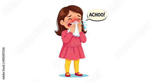 Little Girl Sneezing with Tissue, Cold and Flu Symptom Illustration