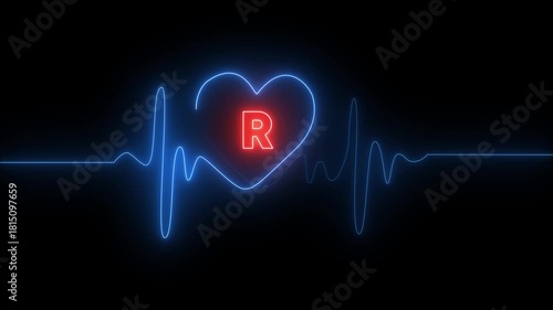 Red Letter R Inside Blue Neon Heart With Blue Electrocardiogram Line On Black Background love