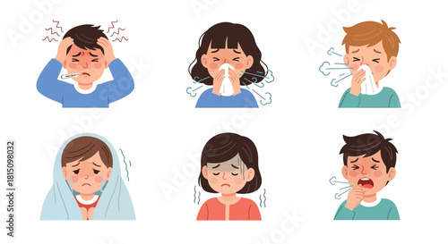 Collection of sick children characters with flu and cold symptoms like fever, cough, and headache. Vector illustrations set